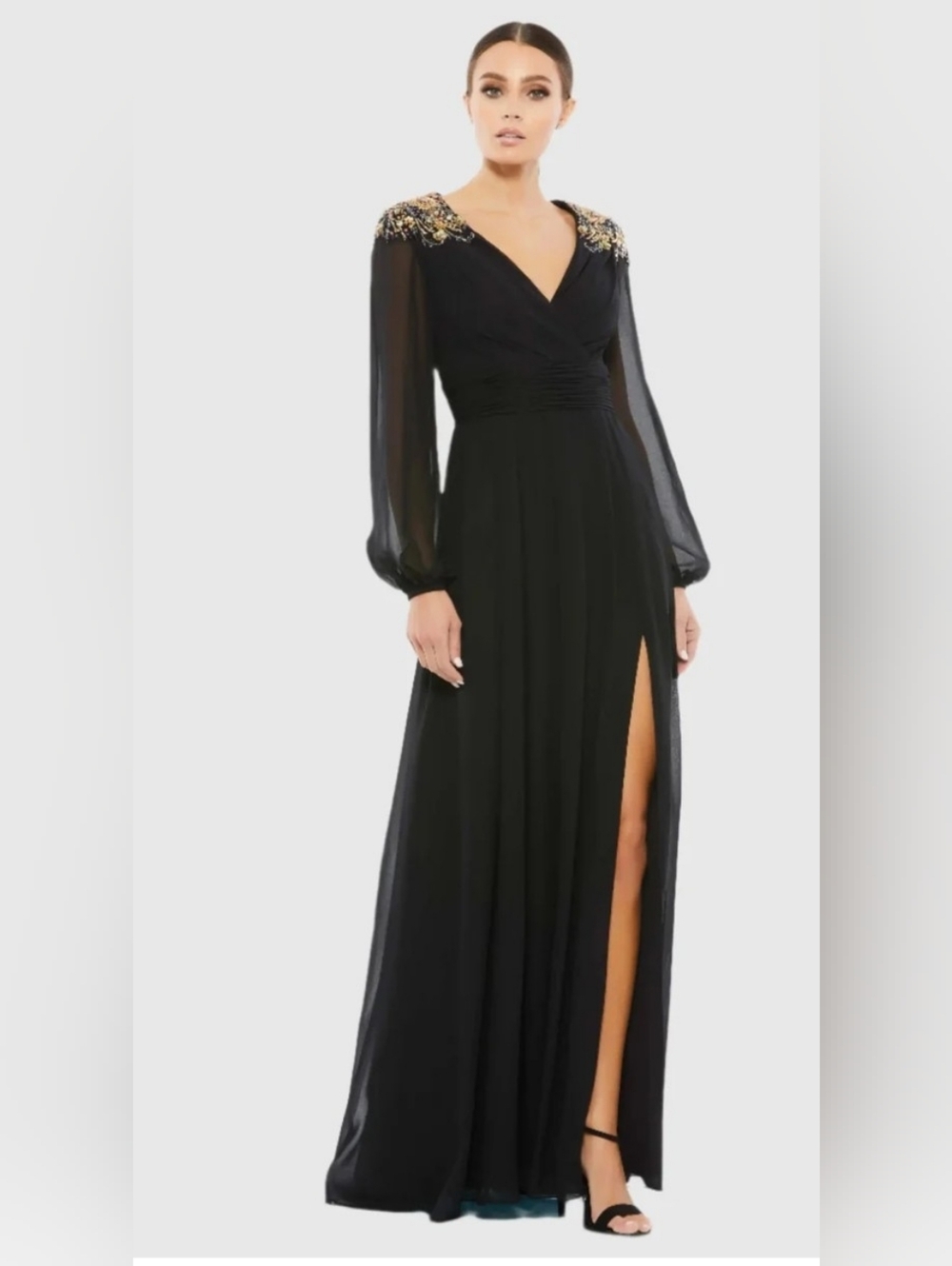 MAC DUGGAl Black Embellished Shoulder V-Neck Long Sleeve Evening Dress .